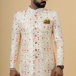 Alluring Beige Floral Thread Embroidered Sherwani for Men | Father Son Combo | Perfect Groom Wear